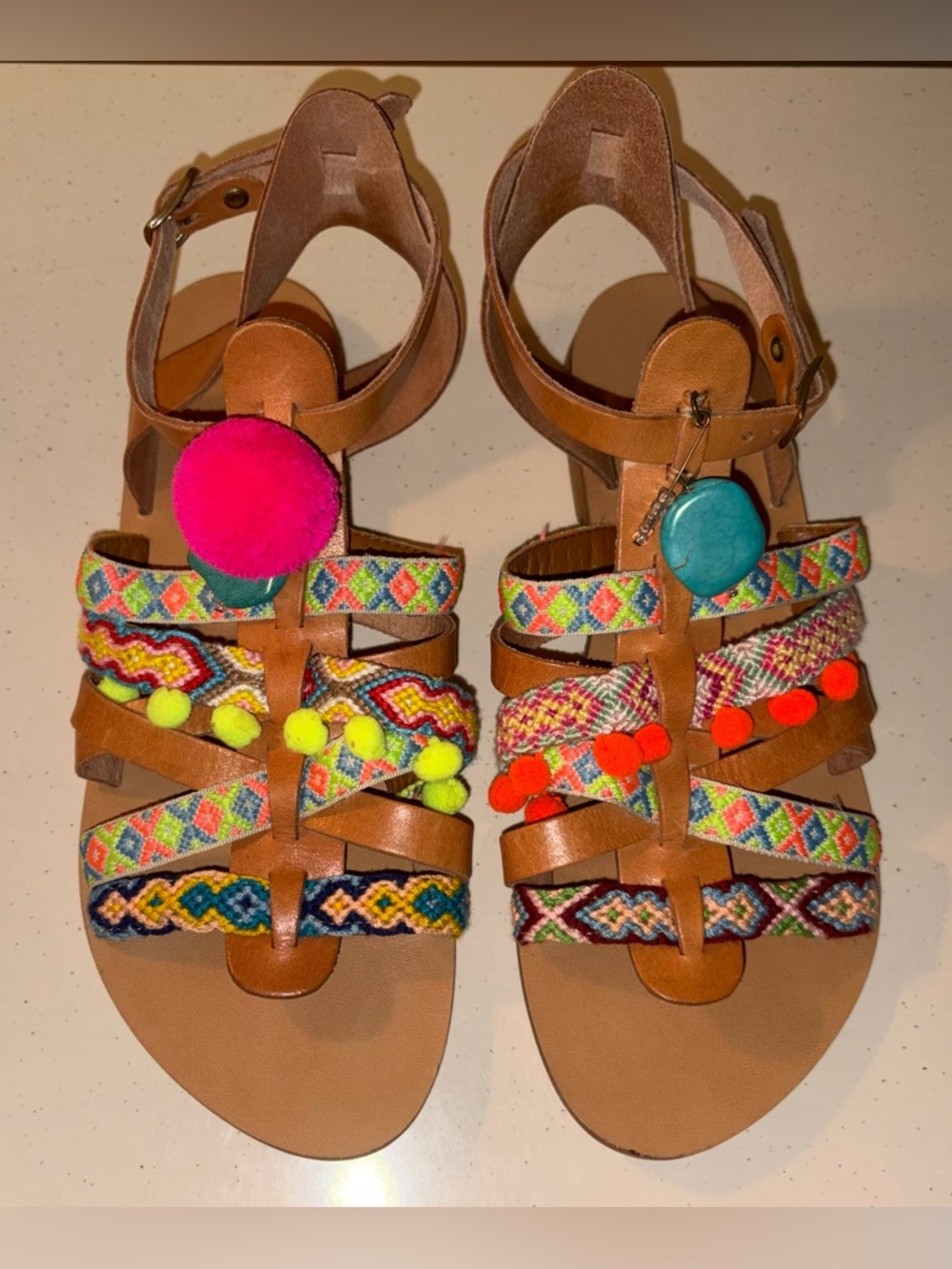 Elina Linardaki Leather Sandals in neon pink, blue, yellow, orange